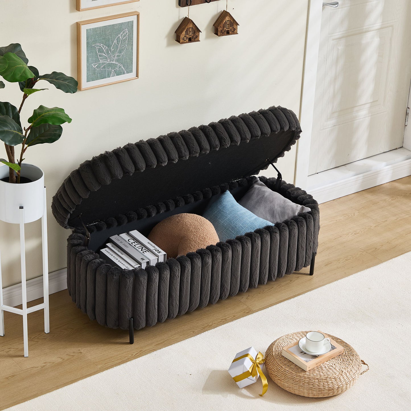 Charcoal Faux Fur Flip Top Storage Bench With Metal Legs, Wide Bed End Stool Foot Rest - Charcoal