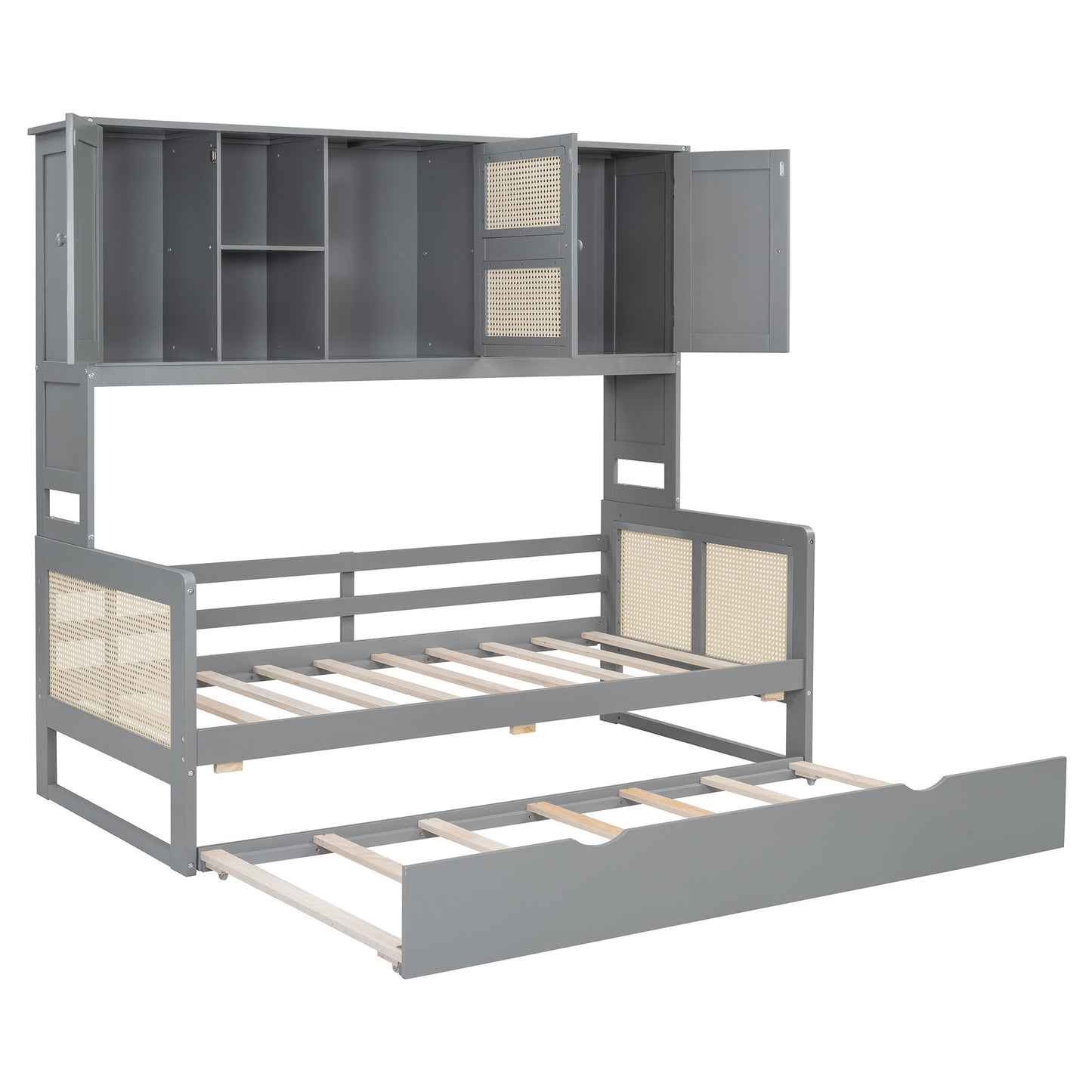 Twin Size Wooden Daybed With Twin Size Trundle, And All In One Cabinet And Shelf - Gray