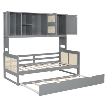 Twin Size Wooden Daybed With Twin Size Trundle, And All In One Cabinet And Shelf - Gray
