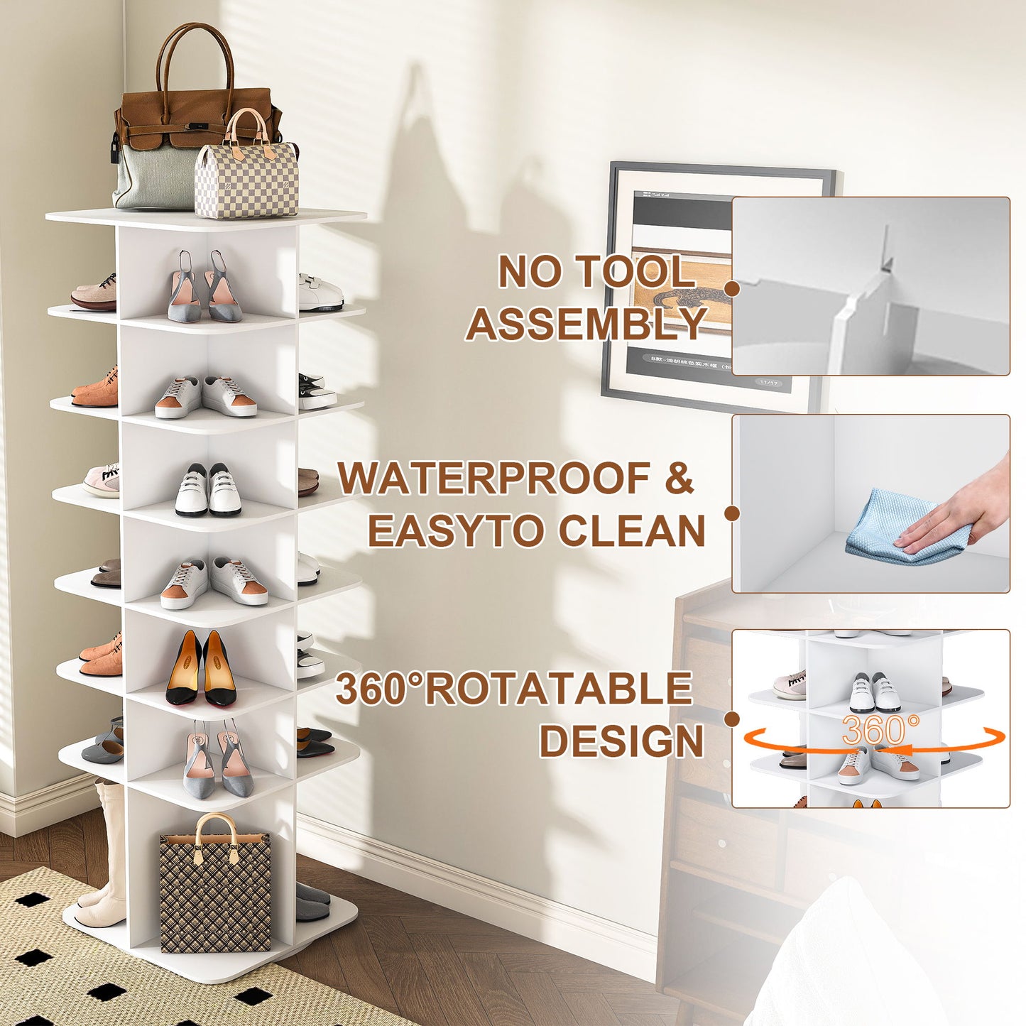 7 Tier Square Rotating Shoe Rack Tower With 360ÔøΩÔøΩ Spinning Organizer - White