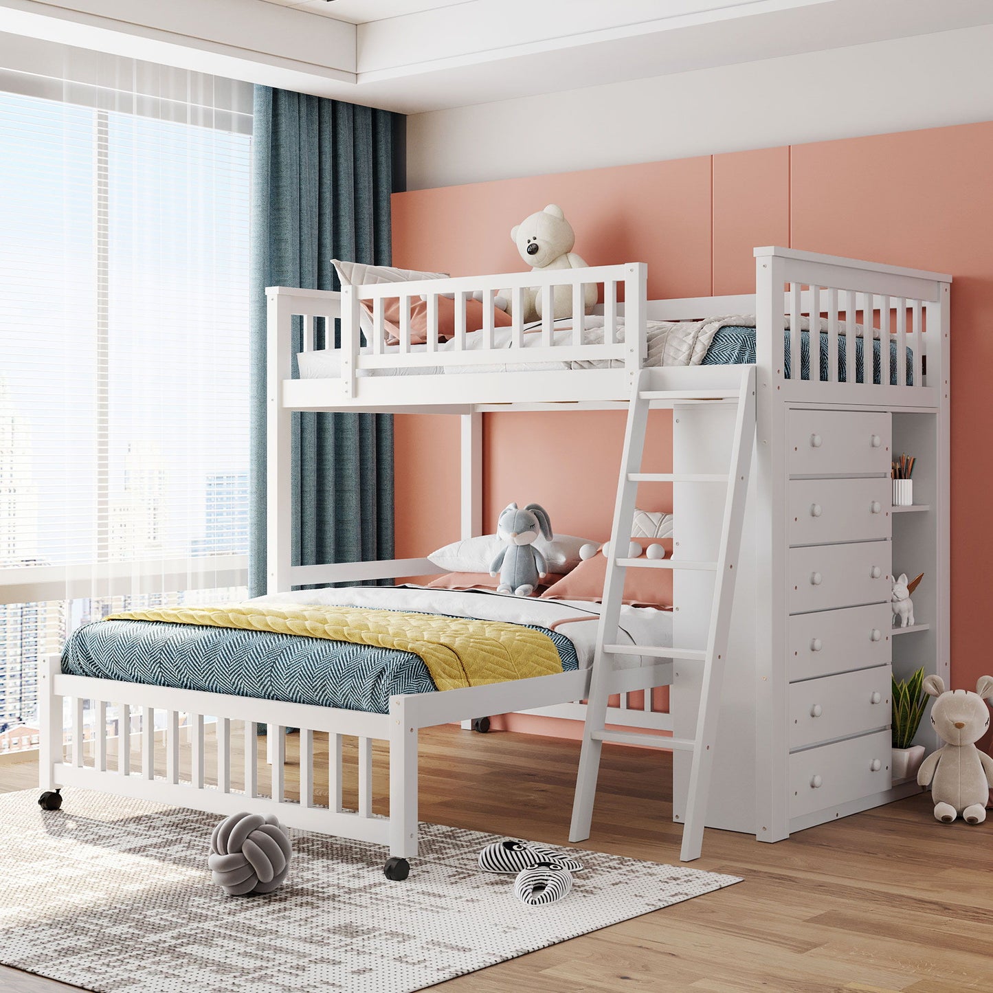 Twin Over Full Bunk Bed With 6 Drawers And Flexible Shelves, Bottom Bed With Wheels - White