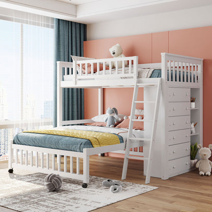 Twin Over Full Bunk Bed With 6 Drawers And Flexible Shelves, Bottom Bed With Wheels - White