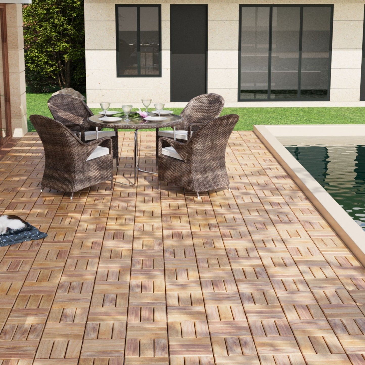 20 Piece Interlocking Deck Tiles Checker Pattern, Square Acacia Hardwood Outdoor Flooring For Patio, Bancony, Pool Side - Yellow