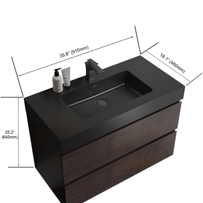 Alice - 36" Bathroom Vanity With Sink, Large Storage Wall Mounted Floating Bathroom Vanity For Modern Bathroom, One-Piece Sink Basin Without Drain And Faucet - Walnut / Black