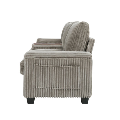 Modern 4 Seater Corduroy Sofa Couch With USB Ports, Hidden Storage Arms, And Flip Top Cup Holders - Brown - Brown