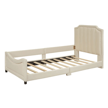 Twin Size Upholstered Daybed With Classic Stripe Shaped Headboard - Beige