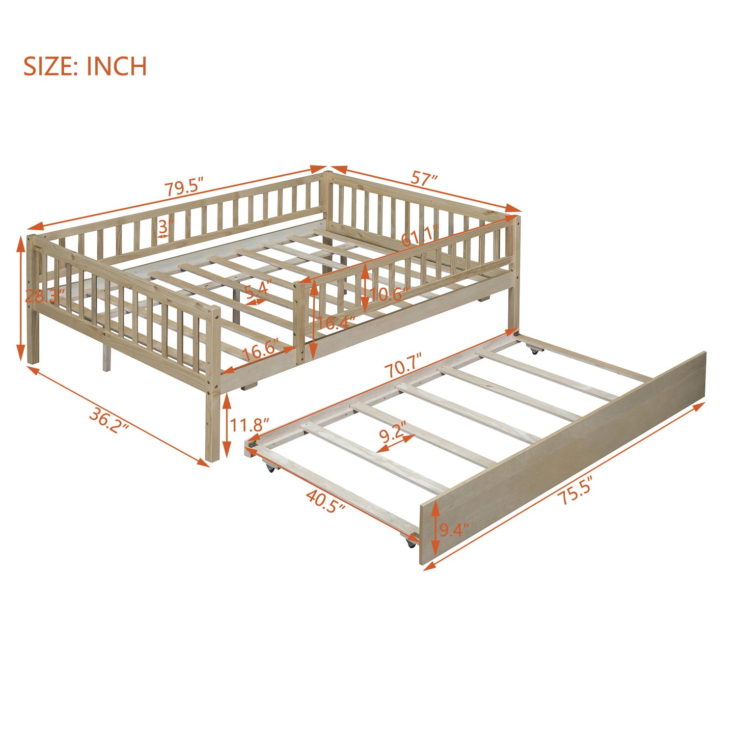 Full Size Daybed With Trundle And Fence Guardrails - Natural