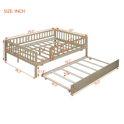 Full Size Daybed With Trundle And Fence Guardrails - Natural