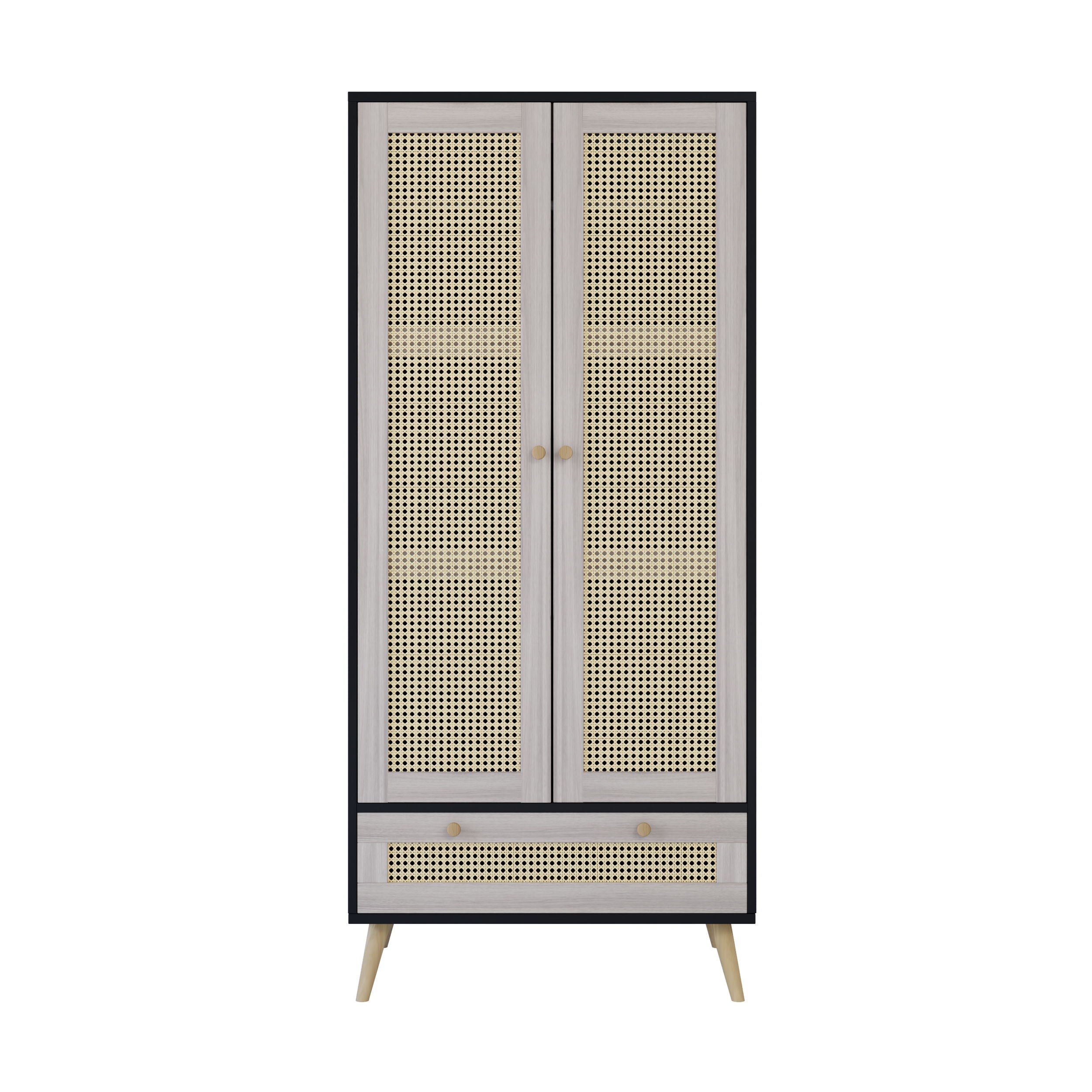 Tall Armoire Wardrobe Closet With 2 Rattan Doors & 1 Drawer, Boho Clothes Storage Cabinet With Hanging Rod For Bedroom - Natural / Black