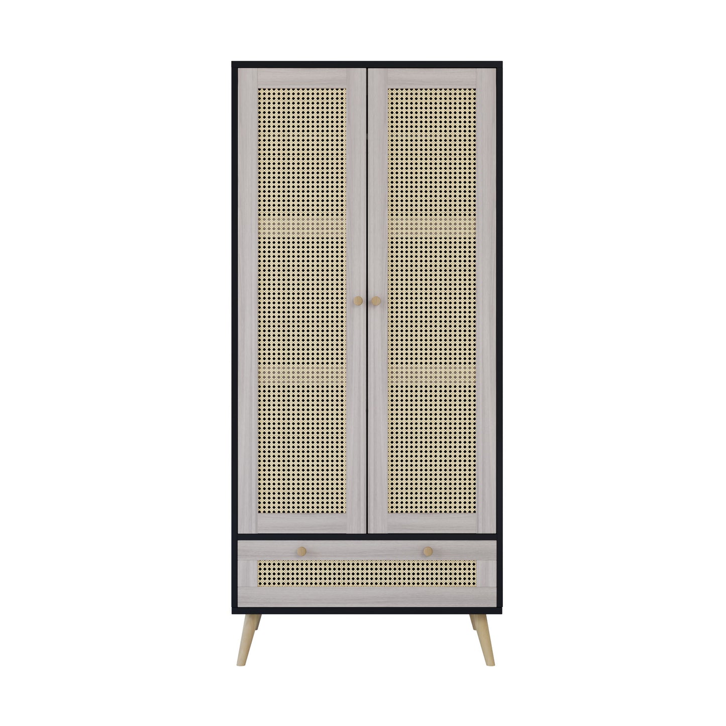 Tall Armoire Wardrobe Closet With 2 Rattan Doors & 1 Drawer, Boho Clothes Storage Cabinet With Hanging Rod For Bedroom - Natural / Black