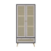 Tall Armoire Wardrobe Closet With 2 Rattan Doors & 1 Drawer, Boho Clothes Storage Cabinet With Hanging Rod For Bedroom - Natural / Black