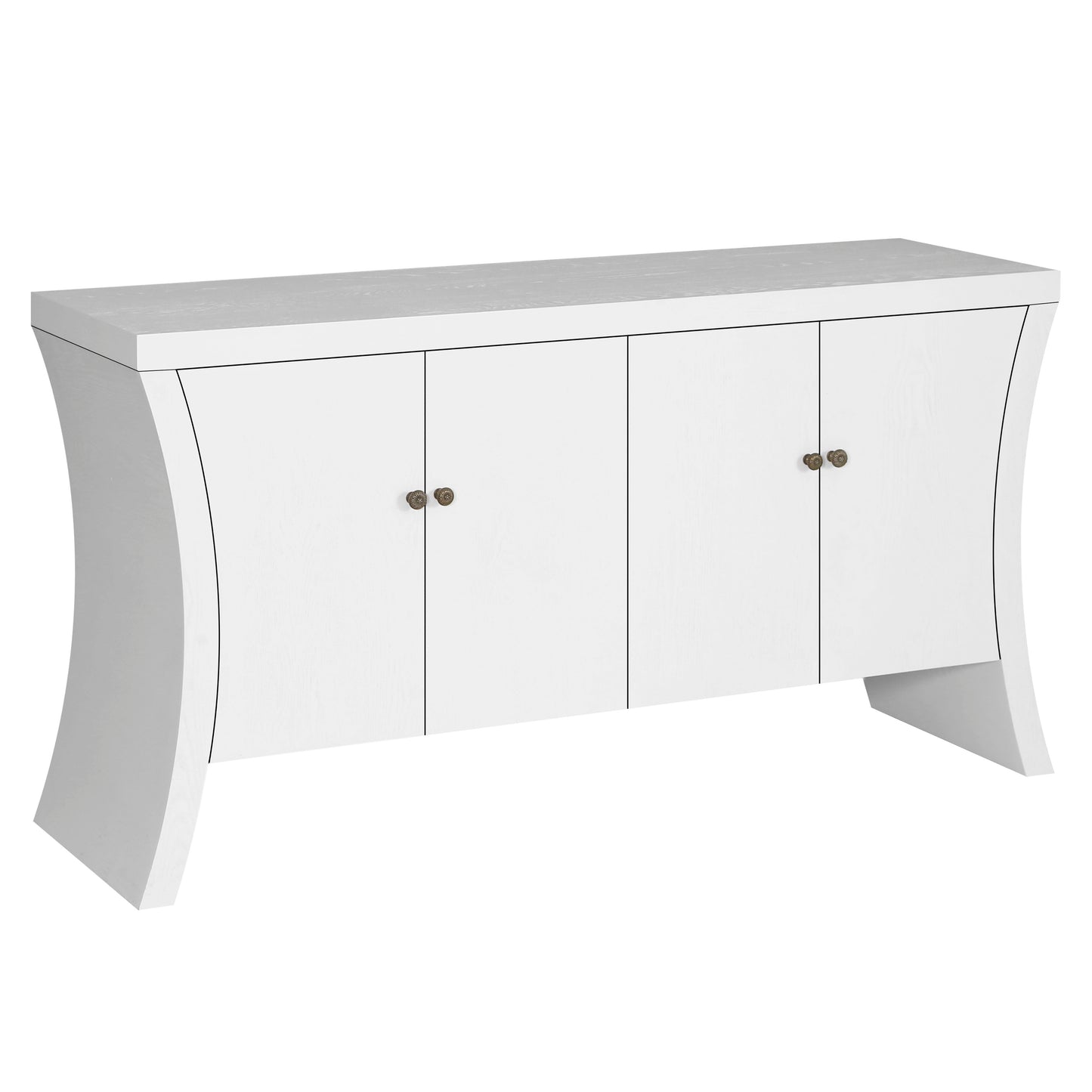 Refined Industrial 4 Door Credenza With Wooden Arc Legs & Bronze Clasps, Advanced Storage Design - White