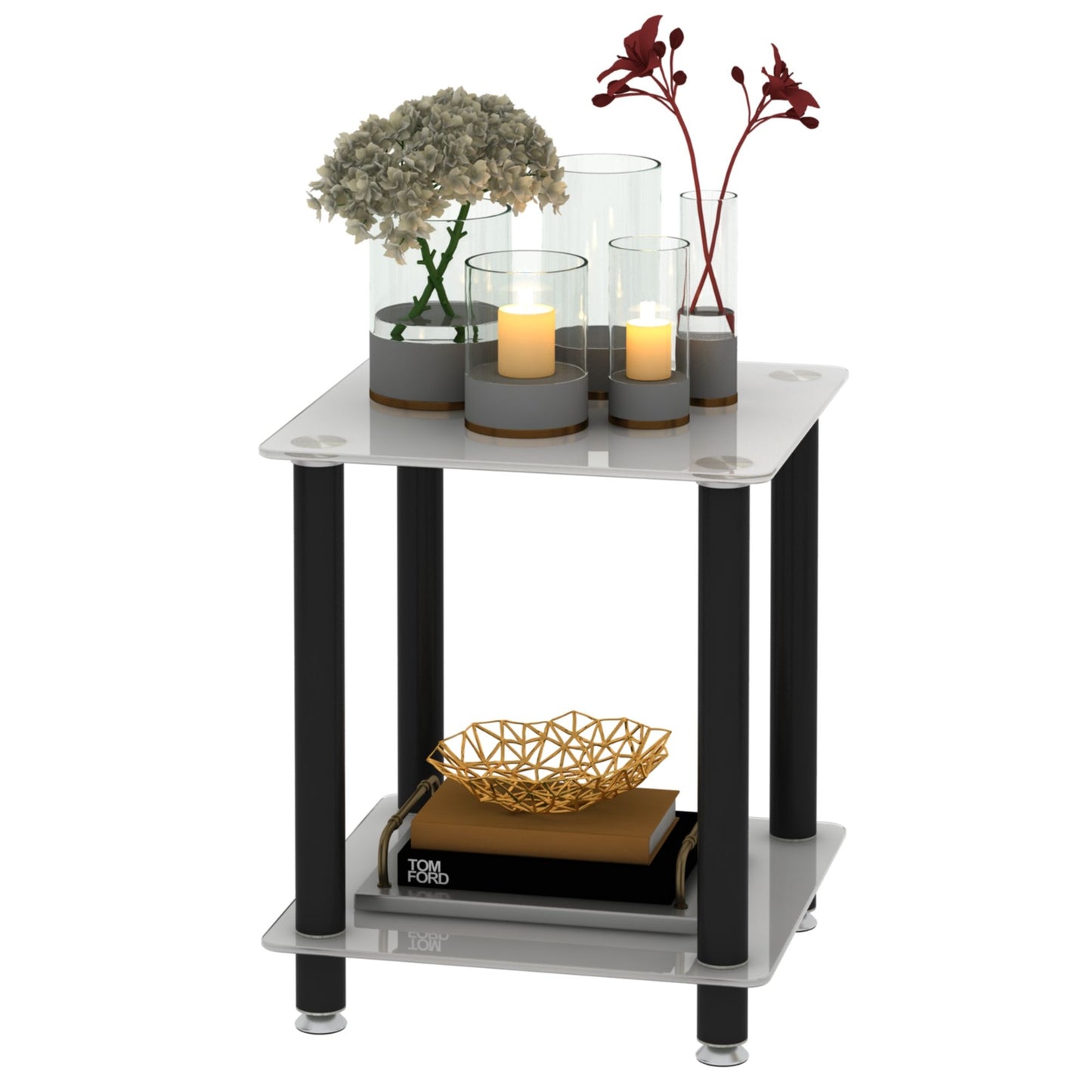 Side Table, 2 Tier Space End Table, Modern Night Stand, Sofa Table, Side Table With Storage Shelve - White / Black