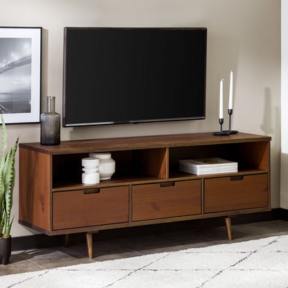 Mid Century Modern 3 Drawer 58" TV Stand For 65" TVs With 2 Open Cubbies - Walnut