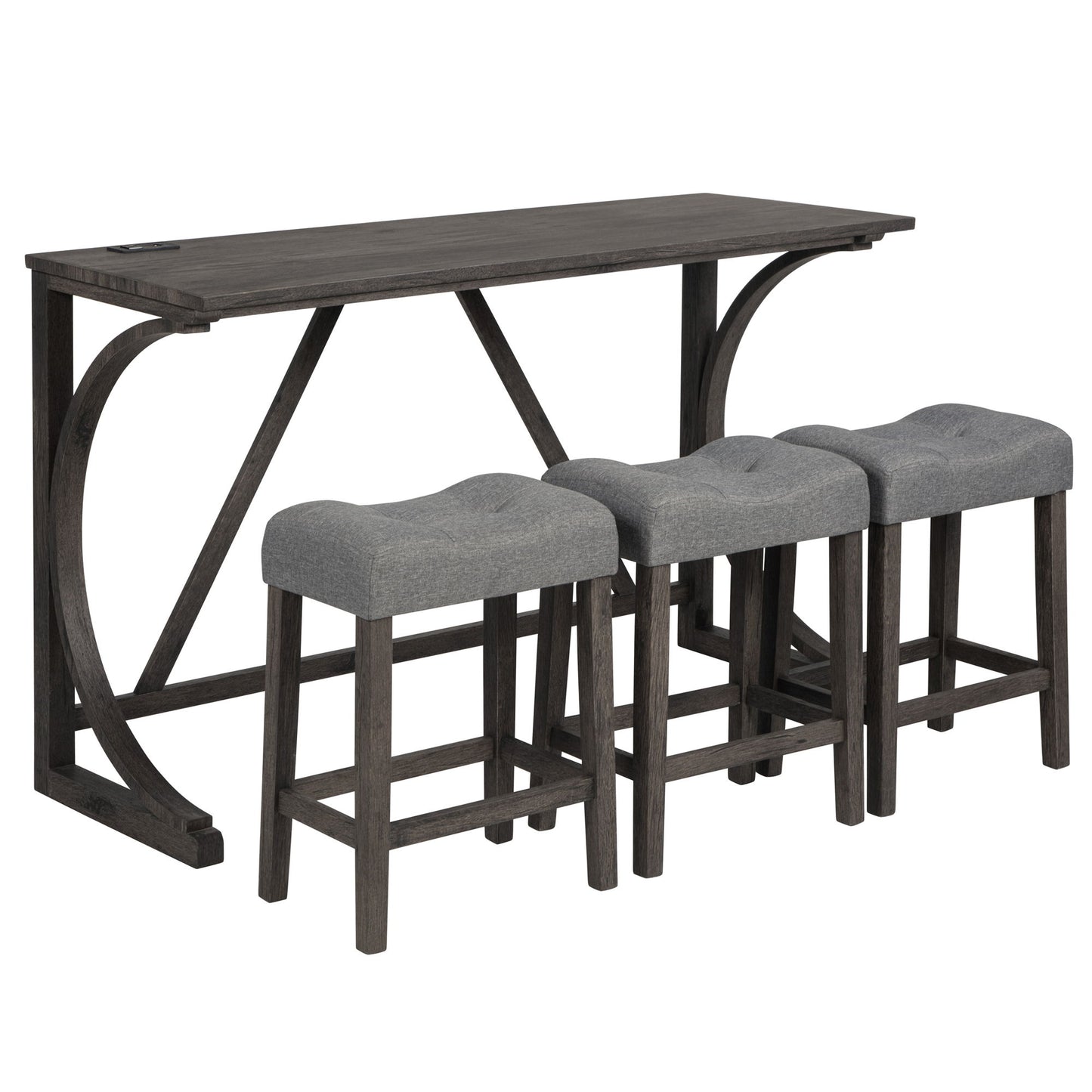 4 Piece Bar Table Set With Power Outlet, Dining Bar Table And Chairs Set, Bar Table Set With 3 Padded Stools For Living Room, Dining Room, Game Room - Dark Gray