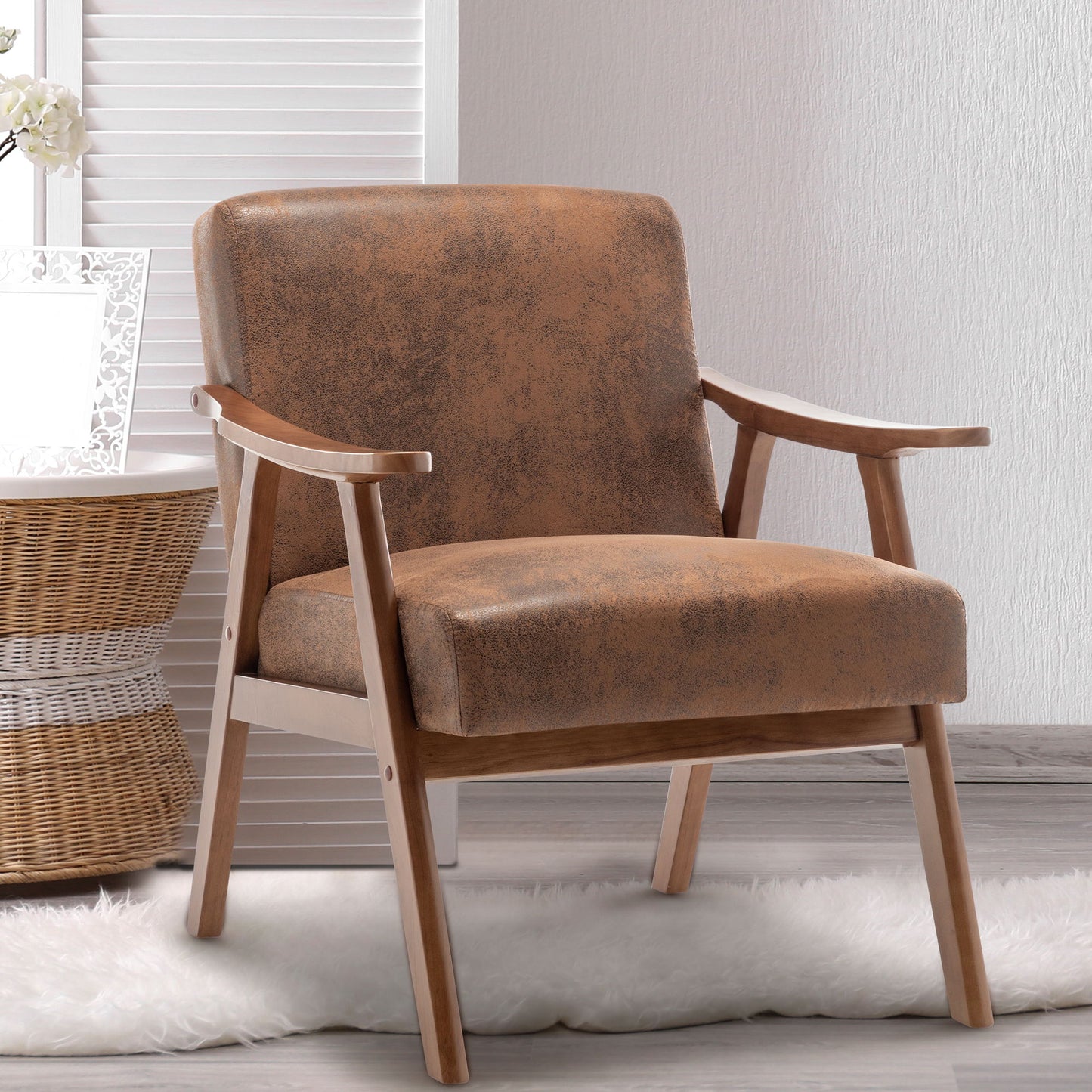 Mid Century Modern Wingback Accent Chair With Solid Wood Frame And Extra Thick Backrest - Lounge Chair For Living Room, Bedroom, Or Reading Room - Brown
