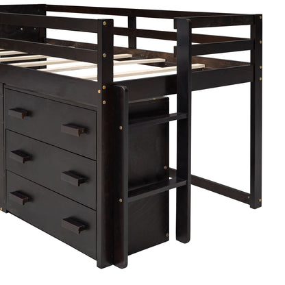 Twin Size Loft Bed With Cabinet And Shelf - Espresso