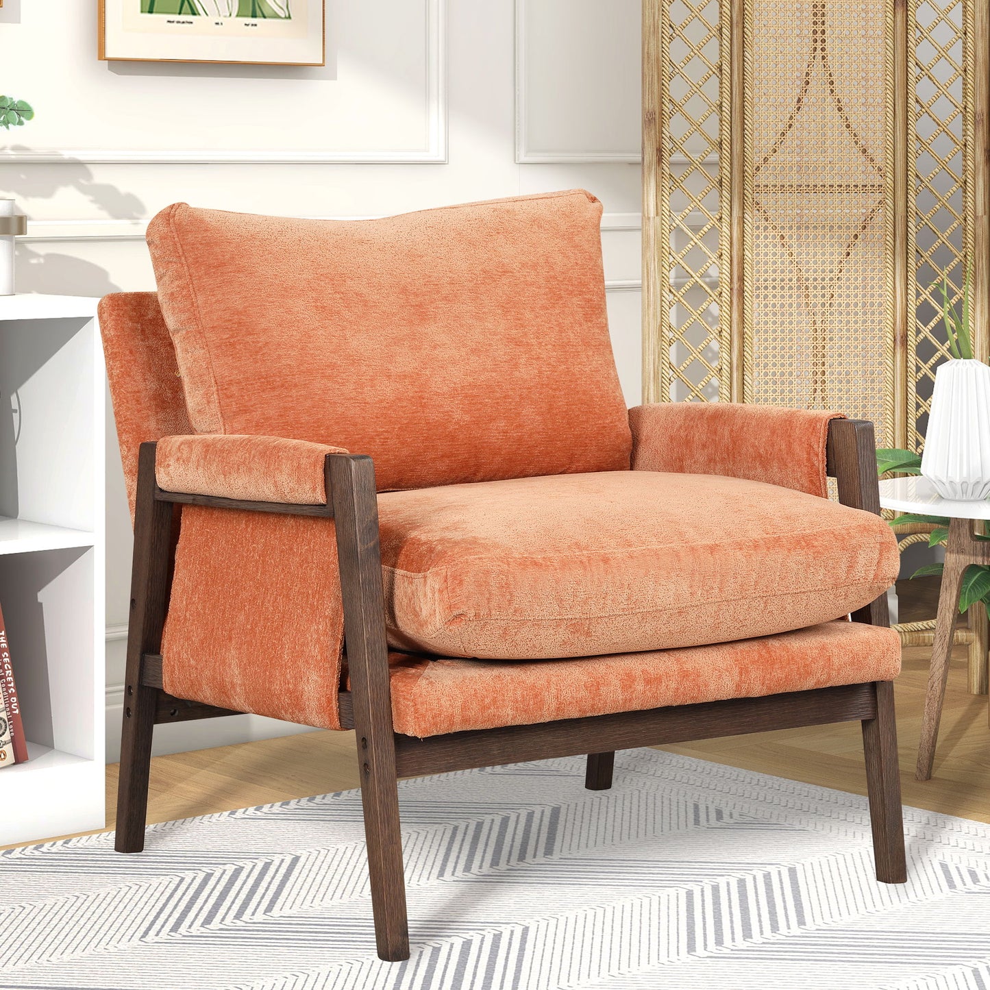 Mid-Century Modern Velvet Accent Chair, Leisure Chair With Solid Wood And Thick Seat Cushion For Living Room, Bedroom, Studio - Orange