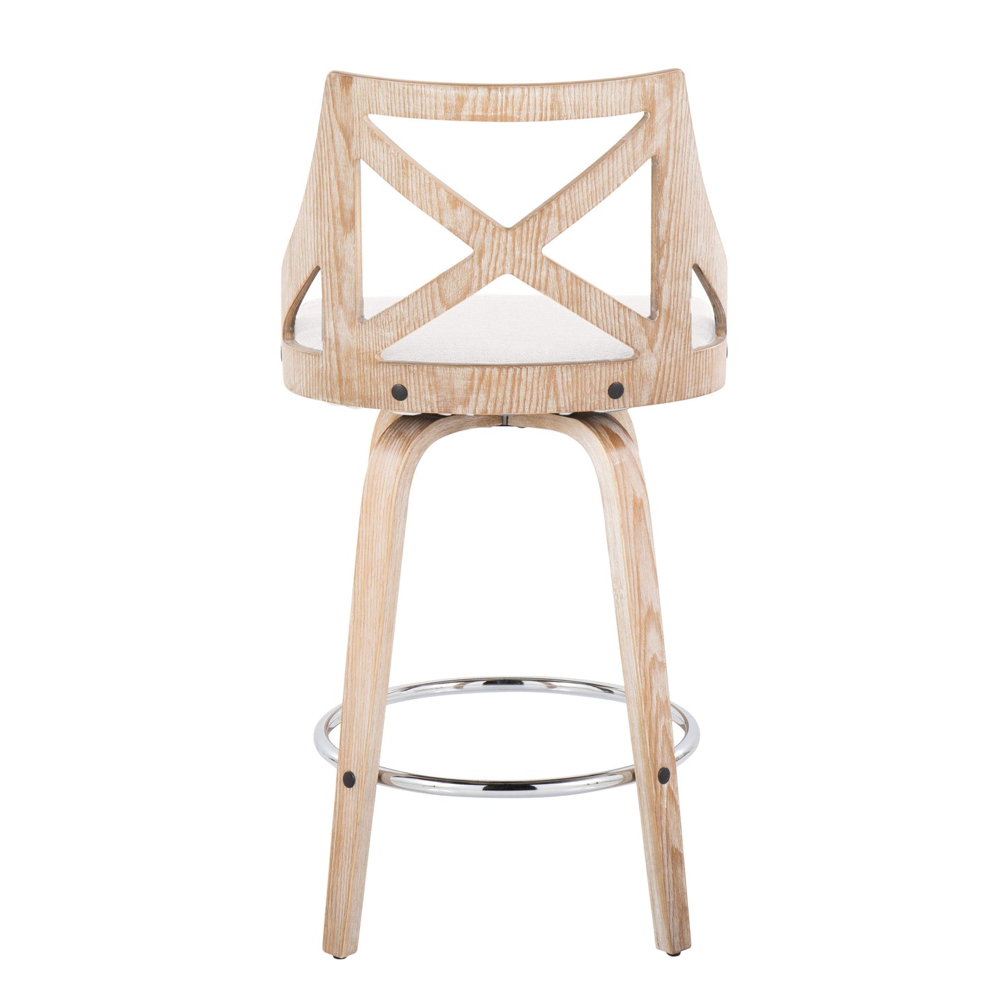 Charlotte - Farmhouse Fixed Height Counter Stool With Swivel Round Chrome Footrest (Set of 2) - White Washed / Cream