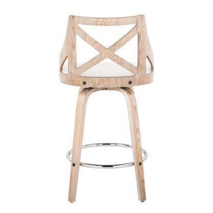 Charlotte - Farmhouse Fixed Height Counter Stool With Swivel Round Chrome Footrest (Set of 2) - White Washed / Cream