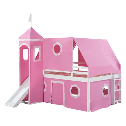 Full Size Loft Bed With Slide And Tent Tower Space Saving Fun Design For Kids - Pink