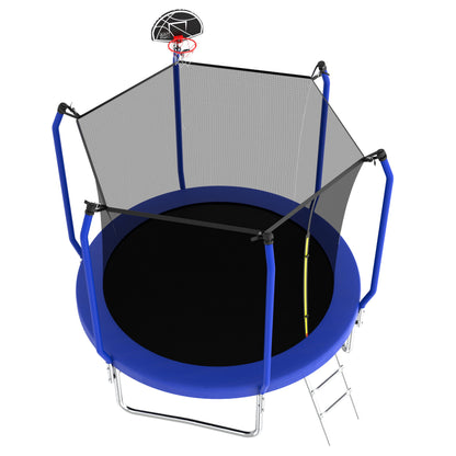 10' Trampoline With Basketball Hoop, Astm Approved Reinforced Type Outdoor Trampoline With Enclosure Net - Blue
