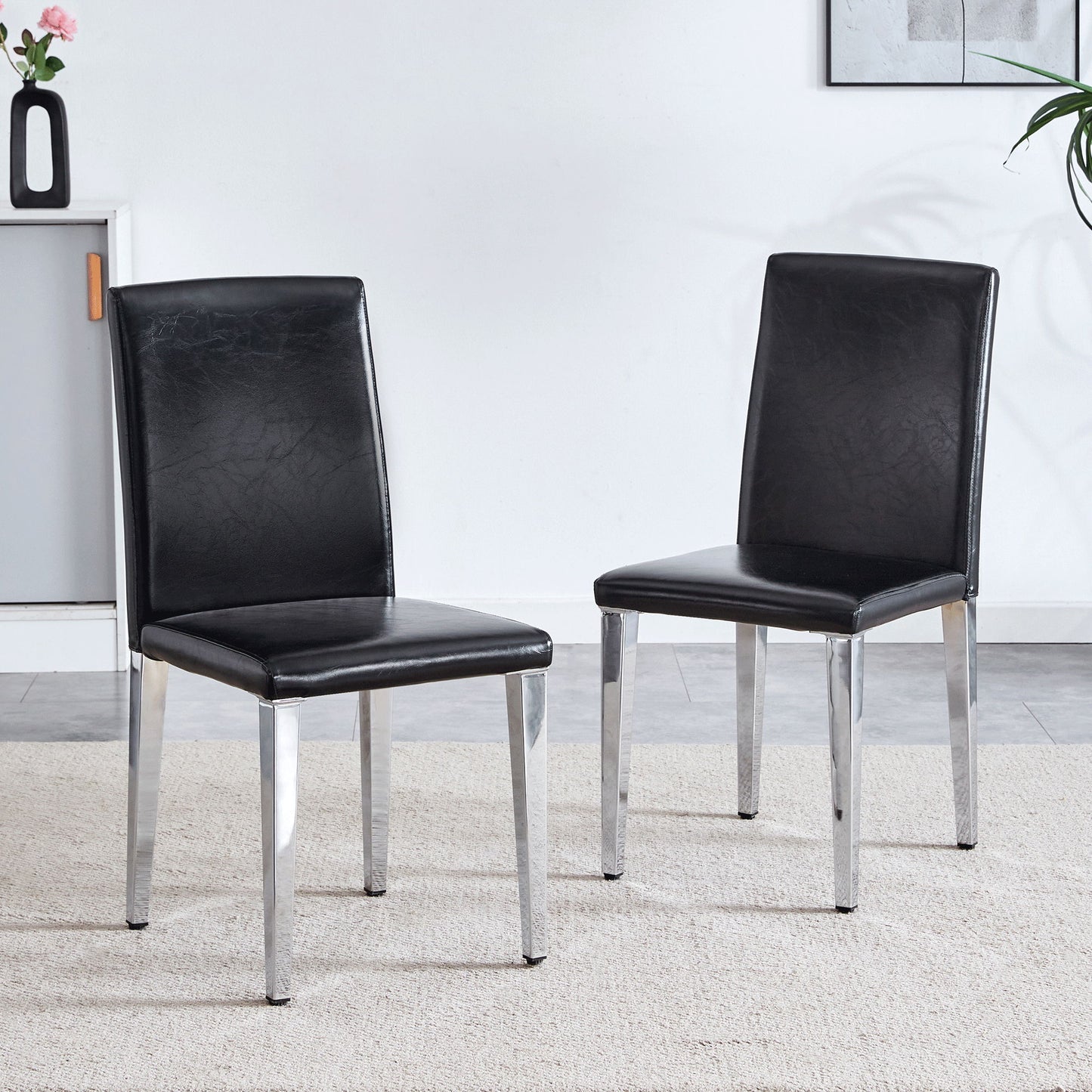 (Set of 4) Backrest Chairs With Silver Metal Legs A Perfect Match For Minimalist And Modern Home Styles - Black / Silver