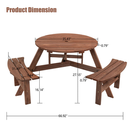 6 Person Circular Outdoor Wooden Picnic Table For Patio, Backyard, Garden, Diy With 3 Built-In Benches, 1720Lb Capacity - Brown