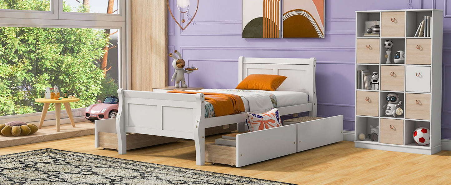 Twin Size Platform Bed With 4 Drawers And Streamlined Headboard & Footboard - White