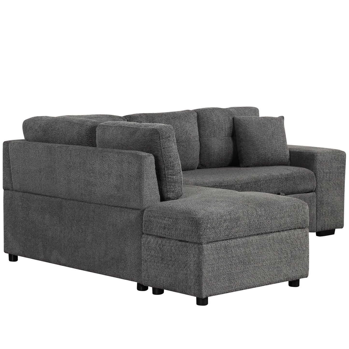 Convertible Sleeper, Sectional Pull Out Sofa Bed With Storage Ottoman, 2 Throw Pillows, 2 Stools, Wireless Charger And Two Hidden USB Ports For Living Room - Dark Gray