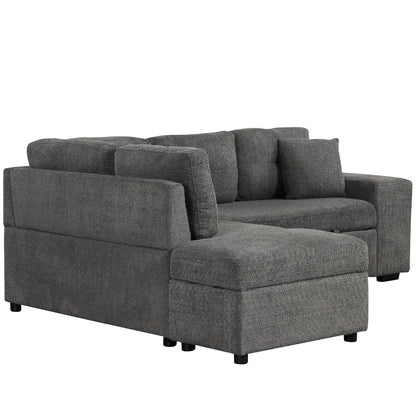 Convertible Sleeper, Sectional Pull Out Sofa Bed With Storage Ottoman, 2 Throw Pillows, 2 Stools, Wireless Charger And Two Hidden USB Ports For Living Room - Dark Gray