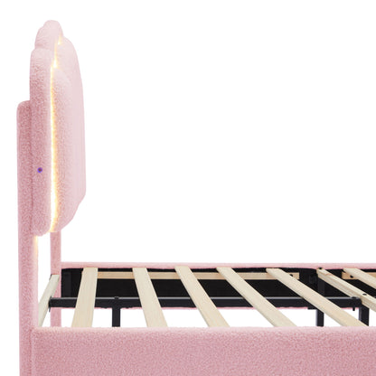 Twin Size Upholstered Flower-Shape Bed, Elegant Flowers Headboard With LED Light Strip, Sherpa Fabric Platform Bed With Slats Support - Pink
