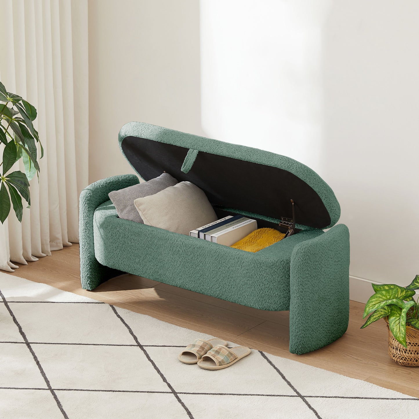 Ottoman Oval Storage Bench, 3D Lamb Fleece Bench With Large Storage Space For The Living Room, Entryway And Bedroom - Green