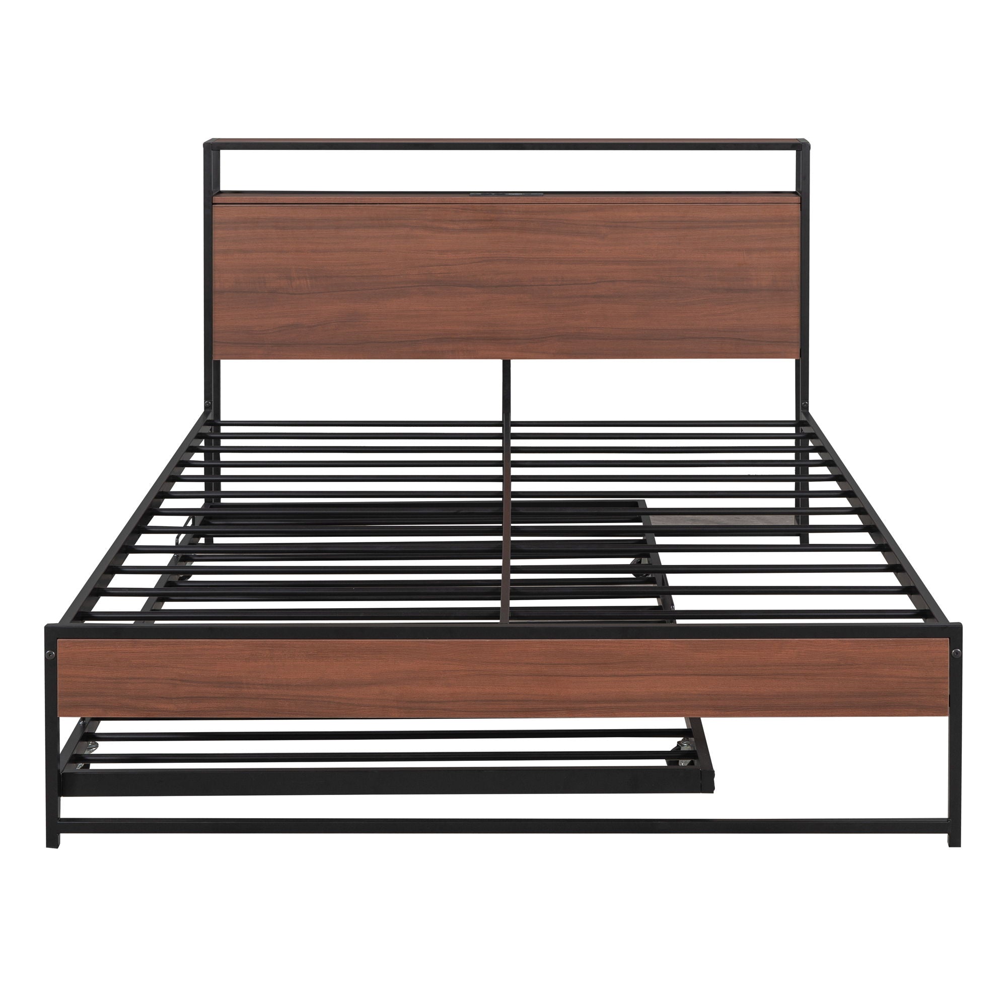 Full Size Platform Bed Frame With Trundle, USB Ports And Slat Support,No Box Spring Needed - Black