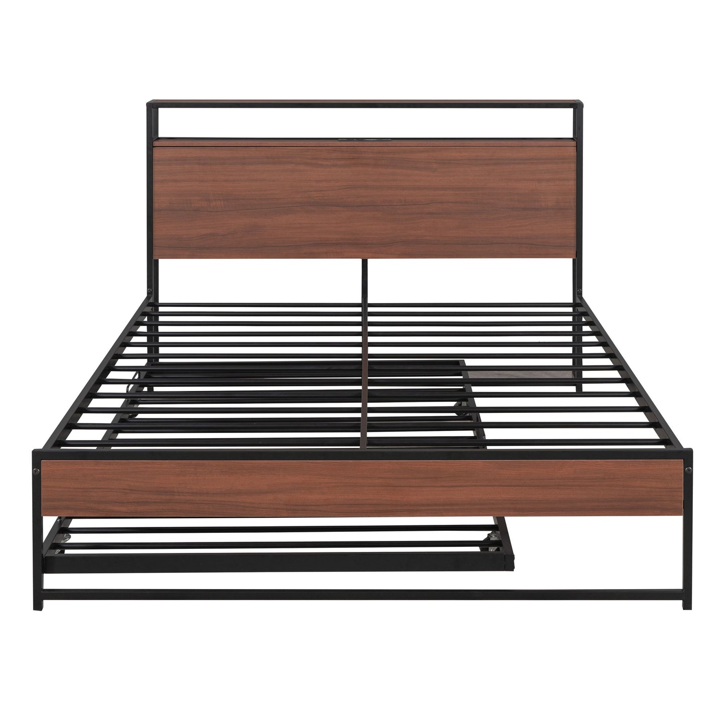 Full Size Platform Bed Frame With Trundle, USB Ports And Slat Support,No Box Spring Needed - Black