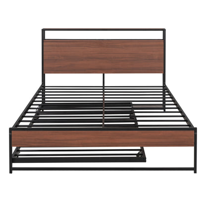 Full Size Platform Bed Frame With Trundle, USB Ports And Slat Support,No Box Spring Needed - Black