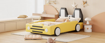 Twin Size Race Car Shaped Platform Bed With Wheels - Yellow