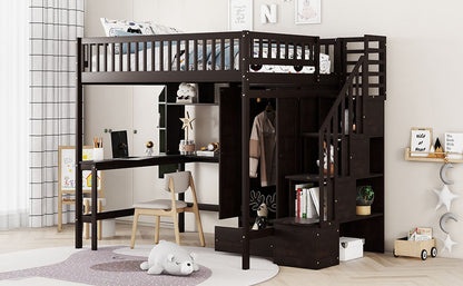 Full Size Loft Bed With Bookshelf, Drawers, Desk, And Wardrobe - Espresso