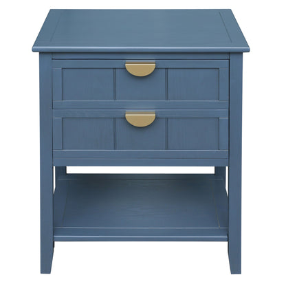 2 Drawer Side Table, American Style, End Table, Suitable For Bedroom - Blue