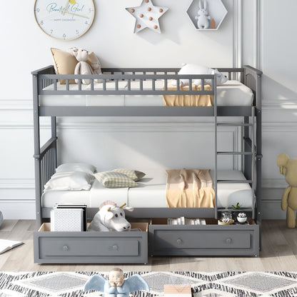 Twin Over Twin Bunk Bed With Drawers, Convertible Beds - Gray