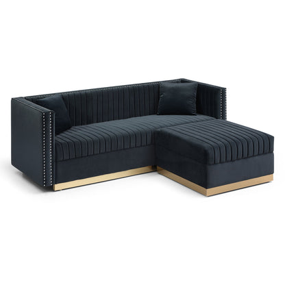 Contemporary Vertical Channel Tufted Velvet Sectional Sofa For Living Room Apartment With Ottoman And 4 Pillows - Black