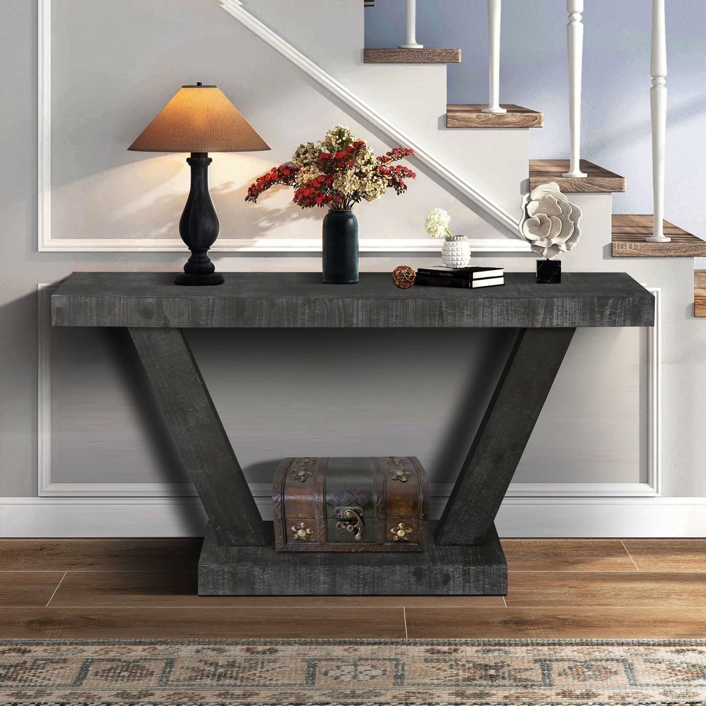 Vintage Distressed Wood Entryway Bench With 2 Tier Storage, Rustic Wide Design - Antique Black