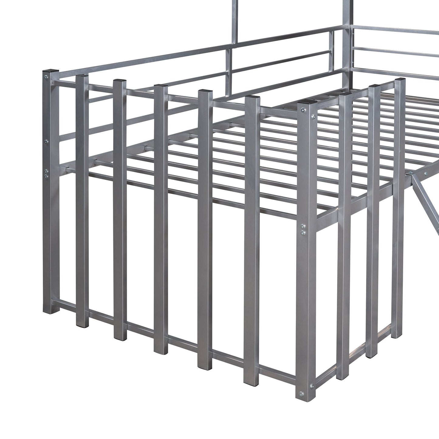 Twin Size Loft Bed With Roof, Window, Guardrail, Ladder - Silver