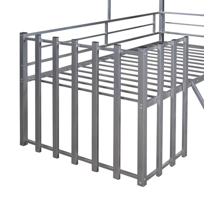 Twin Size Loft Bed With Roof, Window, Guardrail, Ladder - Silver