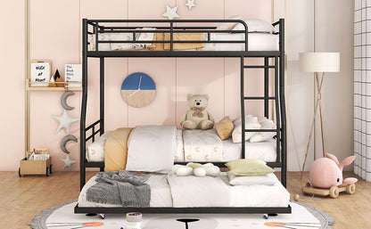 Full Long Over Queen Metal Bunk Bed With Trundle - Black