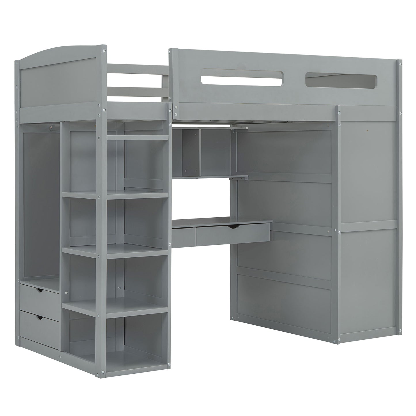 Twin Size Loft Bed With Desk, Wardrobes, 4 Drawers And 4 Shelves Construction - Gray