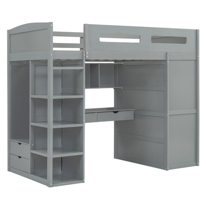Twin Size Loft Bed With Desk, Wardrobes, 4 Drawers And 4 Shelves Construction - Gray