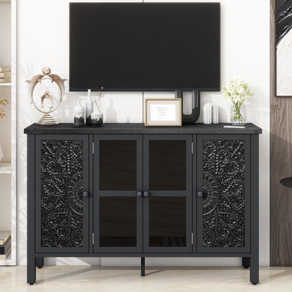 Retro TV Stand For TVs Up To 43", Entertainment Center Media Console Cabinet With 3 Spacious Cabinets, Glass Cabinet Doors And Anti-Tip Device For Living Room - Black
