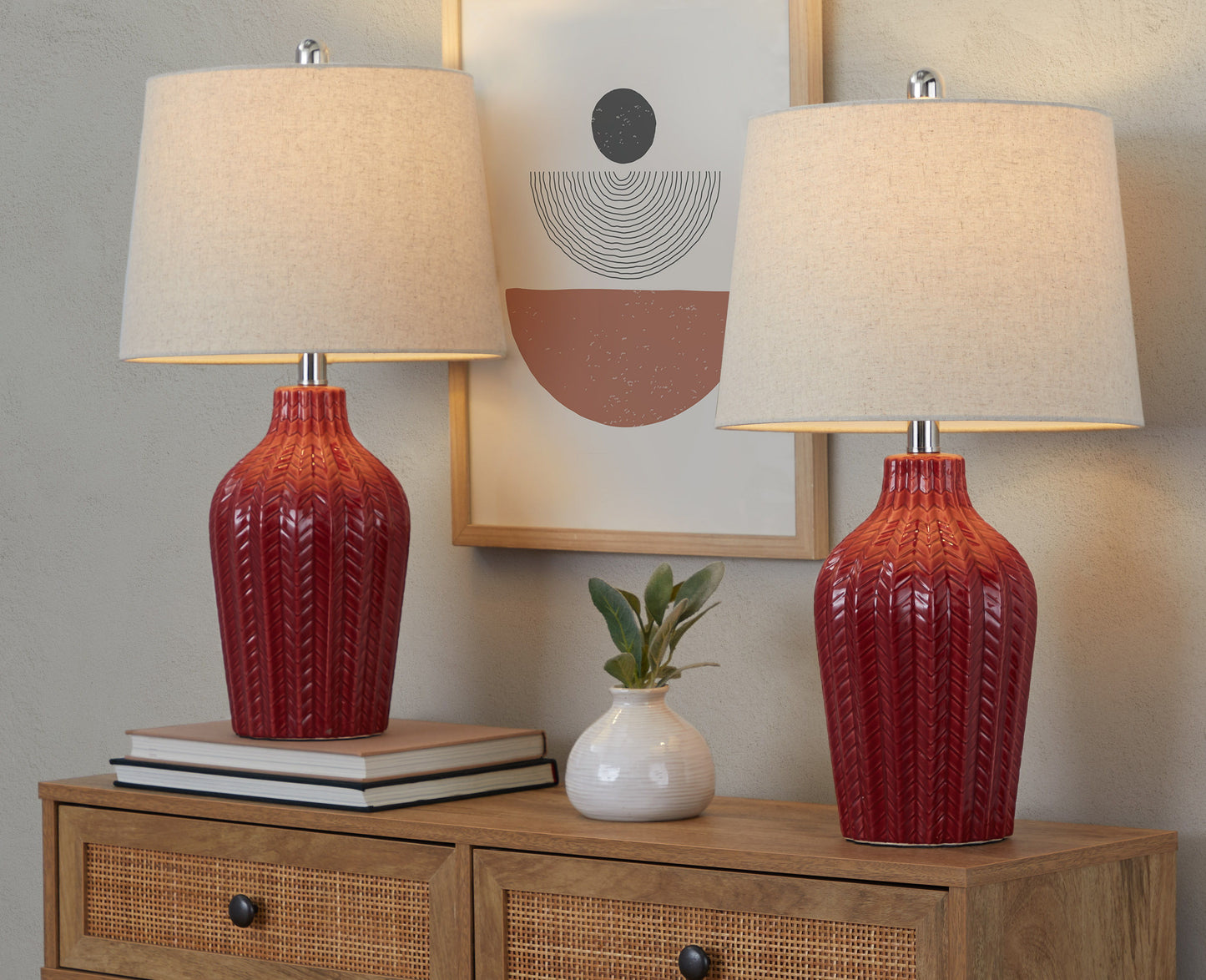 Rockwell - Contemporary Table Lamp (Set of 2) - Glossy Brick Red / Polished Nickel / Natural