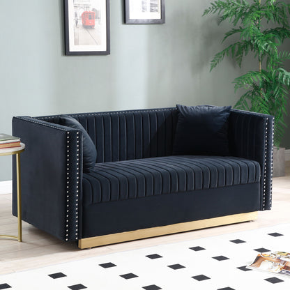Contemporary Vertical Channel Tufted Sofa Loveseat Modern Upholstered Couch For Living Room With 2 Pillows - Black